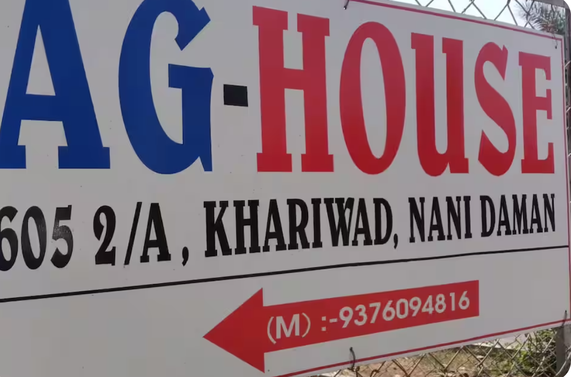 AG House signboard showing location in Khariwad, Nani Daman
